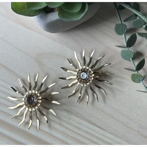 VTG Sarah Coventry Clip Earrings Atomic Starburst‎ 2" 1959 MCM Gold Tone Crystal